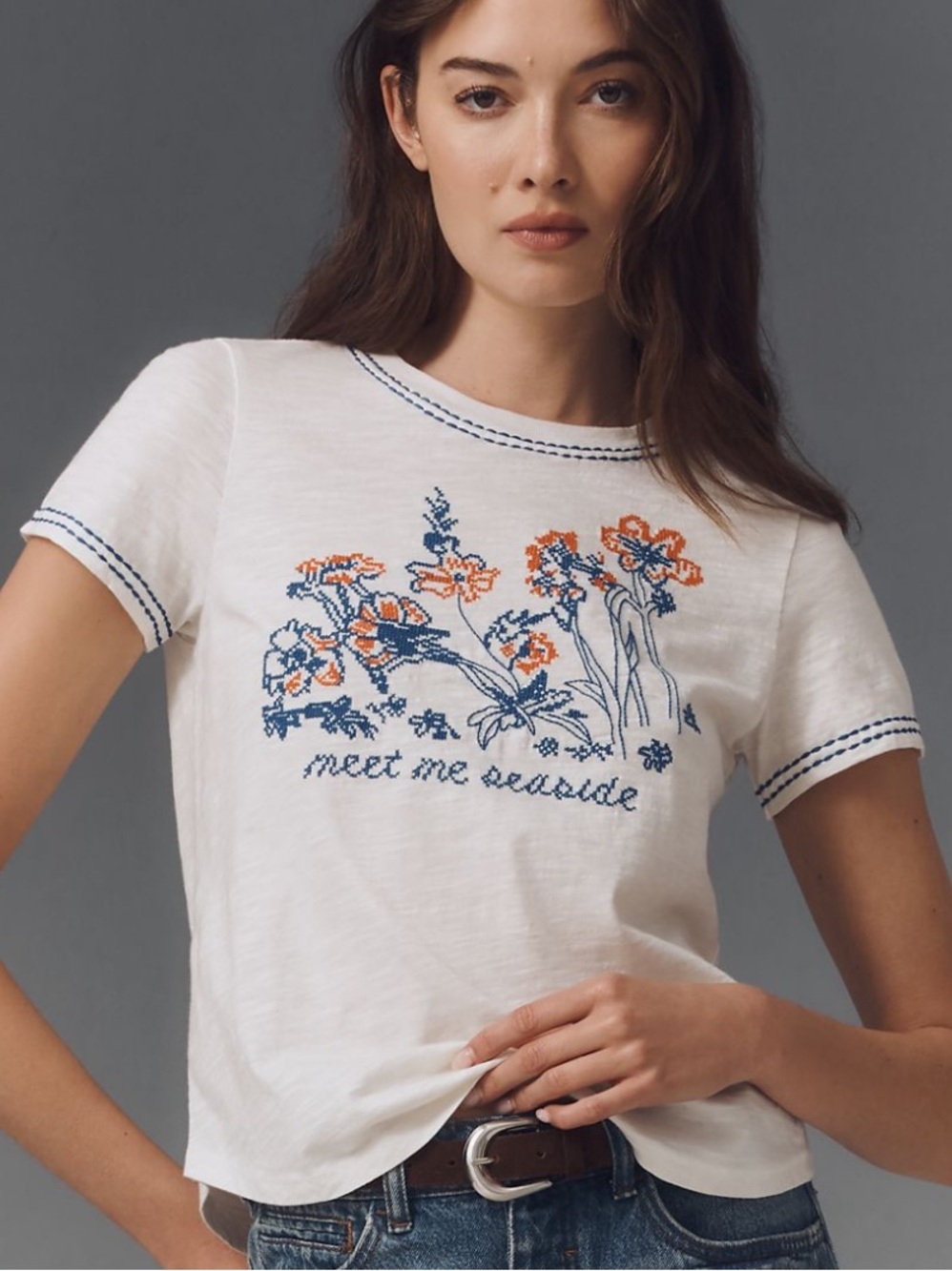 Pilcro White Tee with Blue and Orange Floral Embroidery